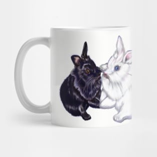 of bunny rabbits pair of cute furry ebony and snow colored coloured lionhead bunny rabbit Mug